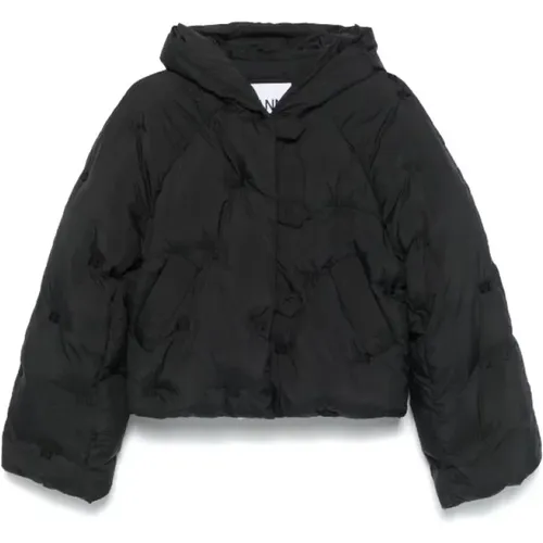 Kurze Schwarze Steppjacke mit Besticktem Logo,Schwarze Tech Puffer Kurze Jacke - Ganni - Modalova