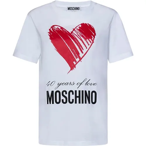 Weißes T-Shirt mit Herzdruck und Logo , Damen, Größe: XS - Moschino - Modalova