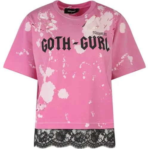 Cotton T-Shirt with Frontal Print and Laces Insert , female, Sizes: S, XS - Dsquared2 - Modalova