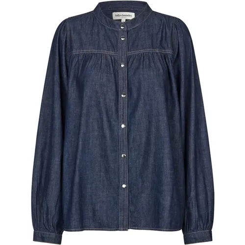 Denim shirt with ¾ sleeves and mandarin collar , female, Sizes: XL, S, M, L - Lollys Laundry - Modalova