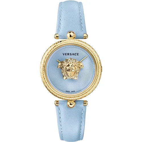 Blue Leather Gold Steel Watch , female, Sizes: ONE SIZE - Versace - Modalova