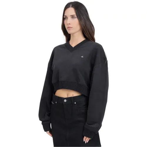 Schwarzer Pullover V-Ausschnitt Rippenbund , Damen, Größe: M - Calvin Klein Jeans - Modalova