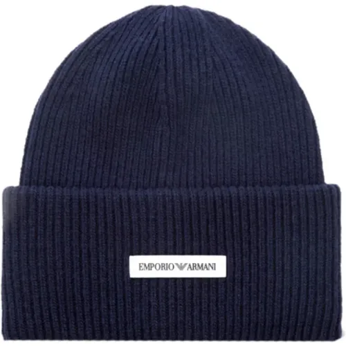 Marineblaue Unisex-Beanie mit Logo - Emporio Armani - Modalova