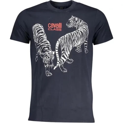 Blau Baumwolle Druck Logo T-Shirt , Herren, Größe: L - Cavalli Class - Modalova