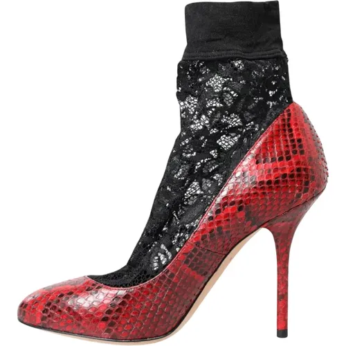 Red Leather Lace Almond Toe Pumps , female, Sizes: 3 1/2 UK - Dolce & Gabbana - Modalova