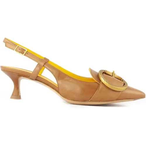 Braune Leder-Slingback-Sandalen mit goldfarbener Schnalle , Damen, Größe: 39 EU - Mara Bini - Modalova