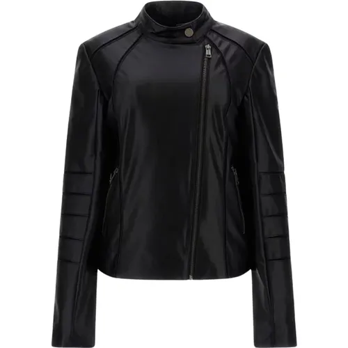 Schwarze kurze Jacke mit asymmetrischem Reißverschluss , Damen, Größe: S - Guess - Modalova