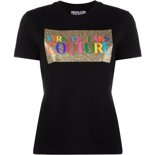 Schwarzes Glitzer-Logo T-Shirt - L - Versace Jeans Couture - Modalova