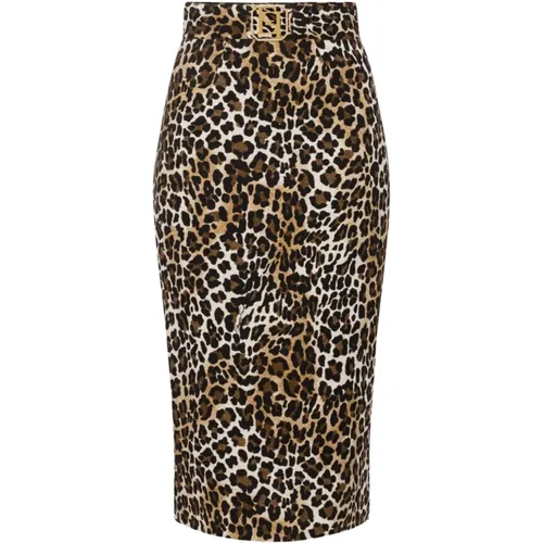 Animal Print Midi Skirt with Slit , female, Sizes: M - Elisabetta Franchi - Modalova