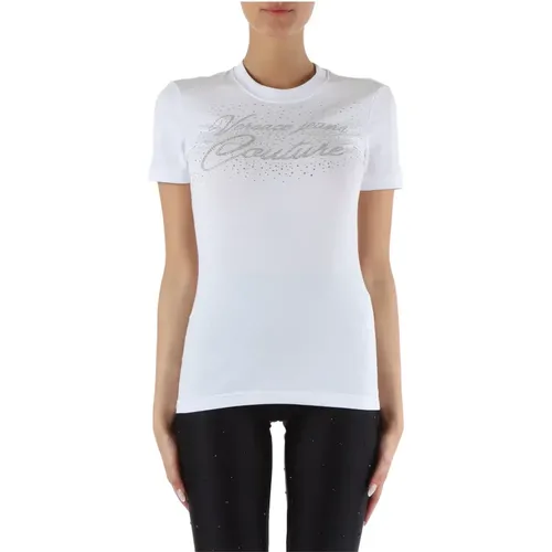 Stretch Cotton T-shirt with Rhinestone Logo , female, Sizes: M, S, L - Versace Jeans Couture - Modalova