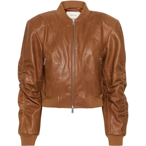 Cognac Leather Bomber Jacket , female, Sizes: M - Gestuz - Modalova