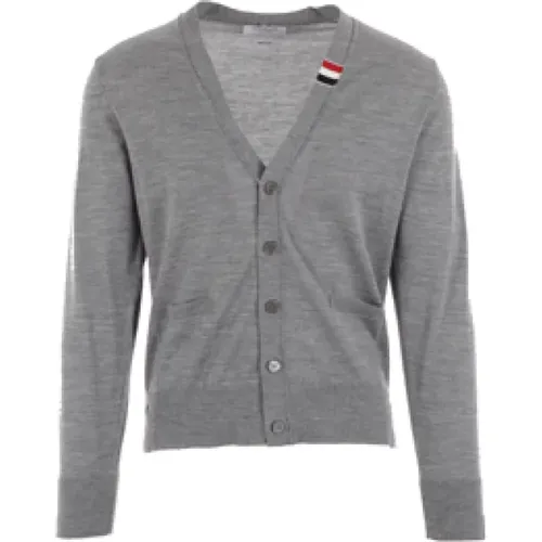 Grey Wool Cardigan with Tricolor Intarsia , male, Sizes: XL, M, L, 2XL - Thom Browne - Modalova