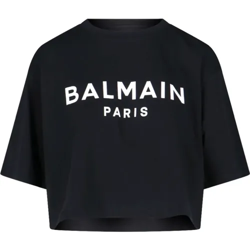 Schwarzes Logo T-Shirt Crop , Damen, Größe: 2XS - Balmain - Modalova