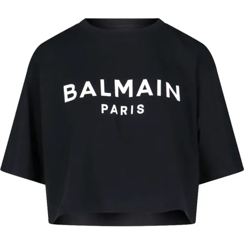 Schwarzes Logo T-Shirt Crop , Damen, Größe: XS - Balmain - Modalova