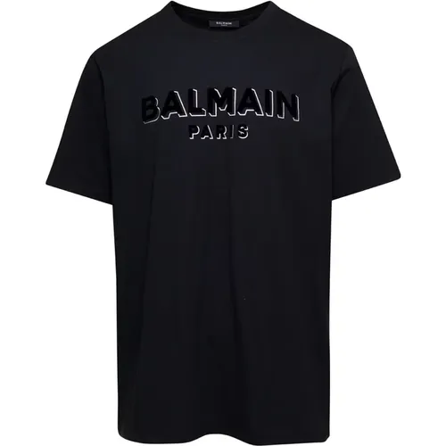 Schwarze T-Shirts und Polos mit Flock Foil Design , Herren, Größe: 2XL - Balmain - Modalova