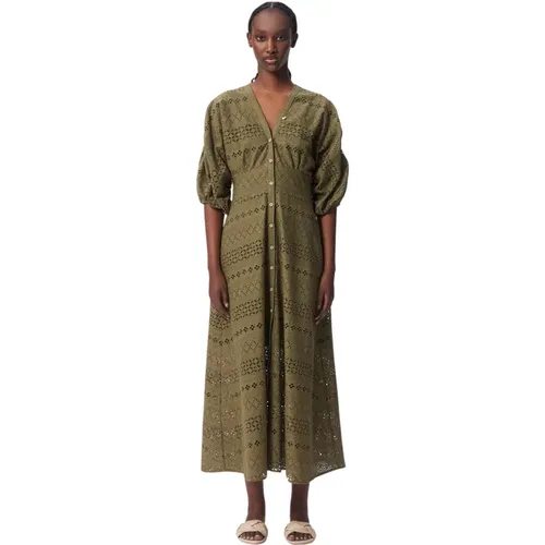 Elegantes V-Ausschnitt Baumwoll Midi Kleid , Damen, Größe: XL - Bizuu - Modalova