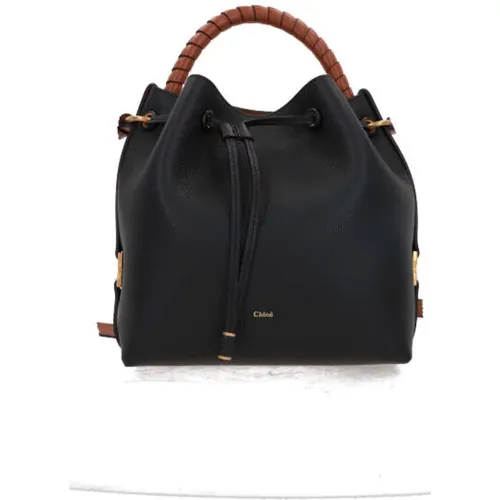 Schwarze gehämmerte Leder Bucket Tasche mit braunen Details - Chloé - Modalova