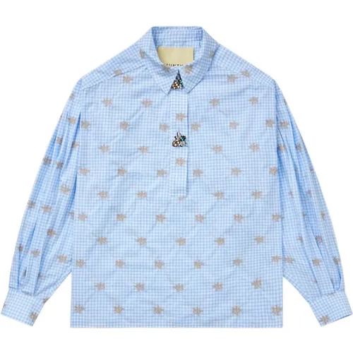 Blau-Weiße Bienenprint Blusenshirt , Damen, Größe: S - Munthe - Modalova