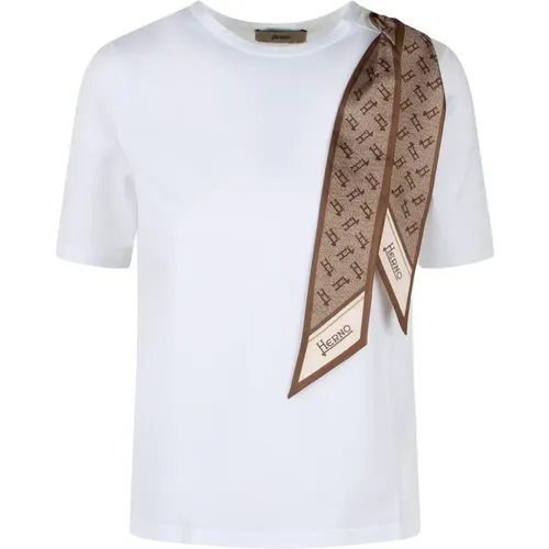 Baumwoll-Stretch T-Shirt mit Seidenschal,Stretch-T-Shirt aus feiner Baumwolle mit Seidenschal - Herno - Modalova