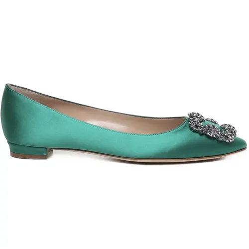 Satin Flat Shoes with Crystal Buckle , female, Sizes: 6 UK - Manolo Blahnik - Modalova