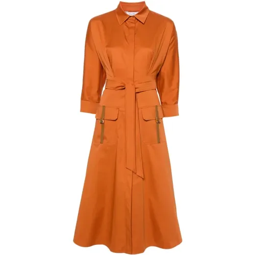 Earth Orange Cotton Dress with Pleat Detailing , female, Sizes: 2XS - Max Mara - Modalova