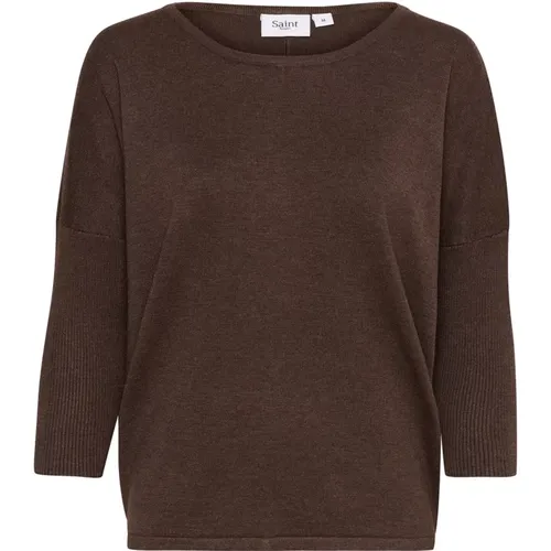 Dark Oak Melange R-Neck Pullover Sweater , female, Sizes: L, S, M - Saint Tropez - Modalova