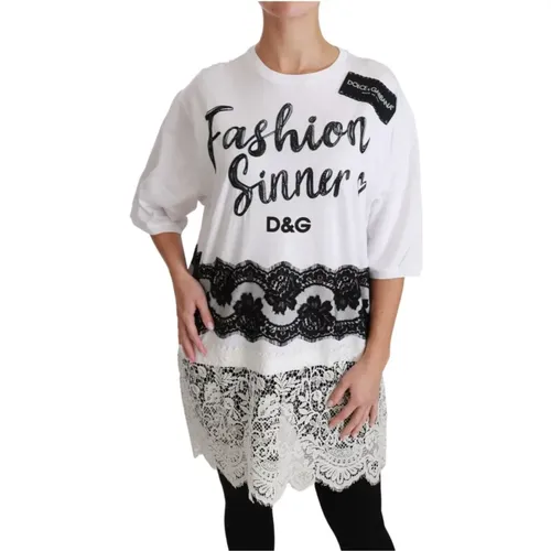 Mode Sündige Baumwollspitzen-T-Shirt , Damen, Größe: 2XS - Dolce & Gabbana - Modalova