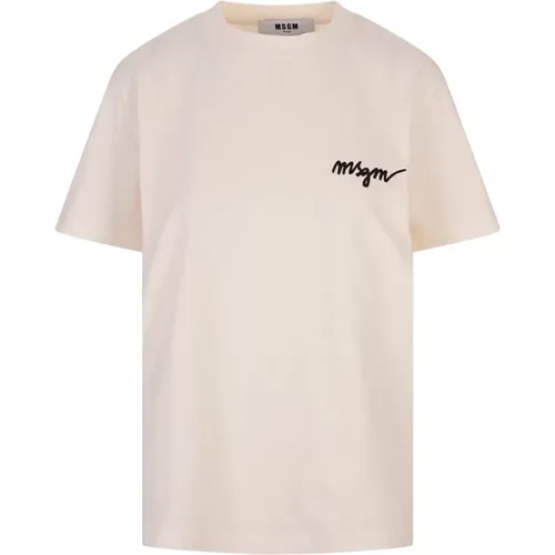 Weißes T-Shirt mit gestickter Signatur , Damen, Größe: M - MSGM - Modalova