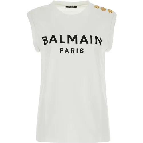 Baumwoll Tank Top,Weißes ärmelloses Logo-T-Shirt mit goldenen Knöpfen,Rundhals Tank Top Schwarz Weiß - Balmain - Modalova