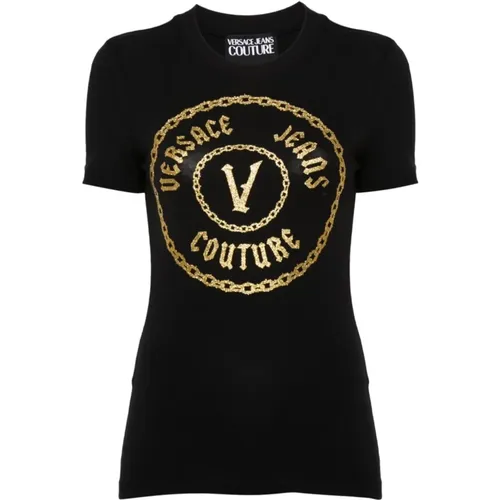 Schwarzes T-Shirt mit Elastanmischung , Damen, Größe: L - Versace Jeans Couture - Modalova