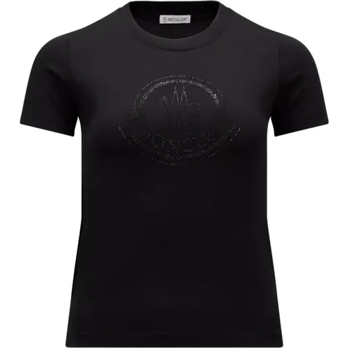 Schwarzes T-Shirt mit Kristalllogo , Damen, Größe: XS - Moncler - Modalova