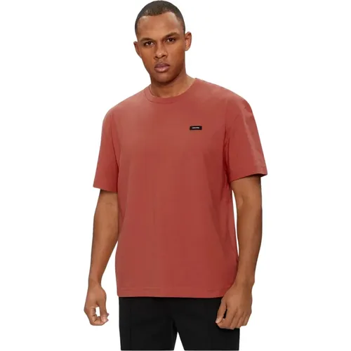 Rotes Logo Patched Baumwoll T-Shirt , Herren, Größe: L - Calvin Klein - Modalova