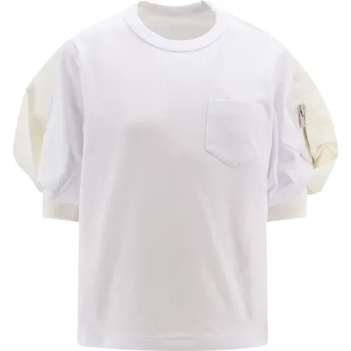 Weiße gerippte T-Shirt mit Reißverschlusstasche , Damen, Größe: M - Sacai - Modalova