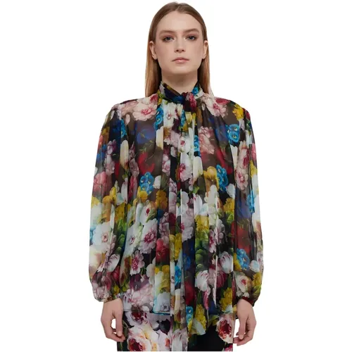 MultiColour Floral Silk Shirt with Bow Detail , female, Sizes: XS, S - Dolce & Gabbana - Modalova