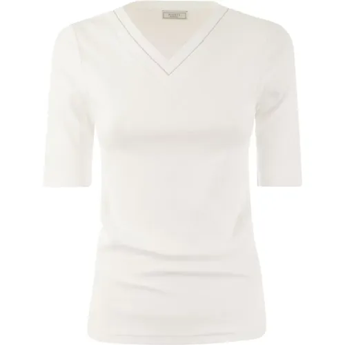 Weißes V-Ausschnitt T-Shirt mit Spotlight-Detail , Damen, Größe: L - PESERICO - Modalova