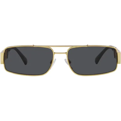 Rectangular Sunglasses with Dark Grey Lens and Gold Frame , unisex, Sizes: 60 MM - Versace - Modalova
