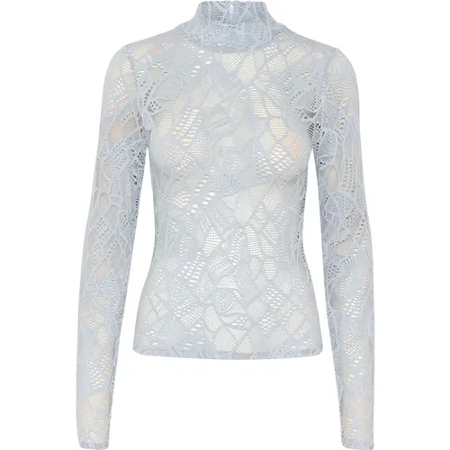 Grey Lace Top with Roll Neck , female, Sizes: XS - Gestuz - Modalova