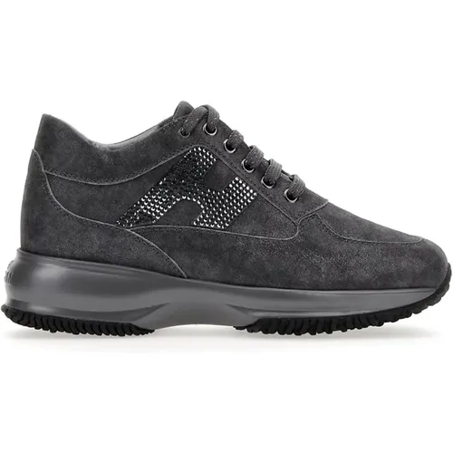 Graue Flache Sneakers mit Str-Detail , Damen, Größe: 34 EU - Hogan - Modalova