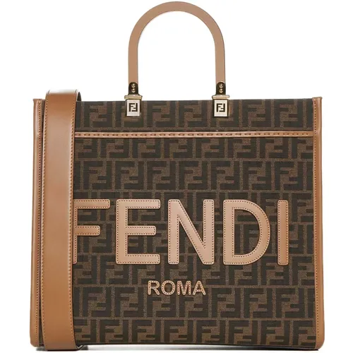 Sunshine Tote Bag in FF Jacquard,Braune Tote Tasche mit Lederelementen - Fendi - Modalova