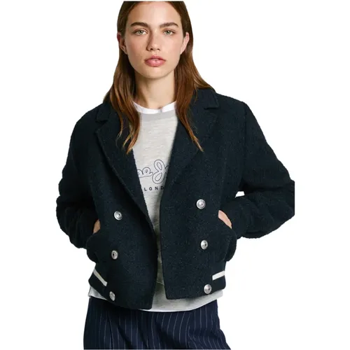 Blaue Woll-Cropped-Jacke mit Doppelreihiger Verschluss - Pepe Jeans - Modalova