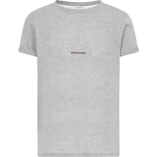 Grey Logo Print Cotton T-shirt , male, Sizes: S, XL, M - Saint Laurent - Modalova