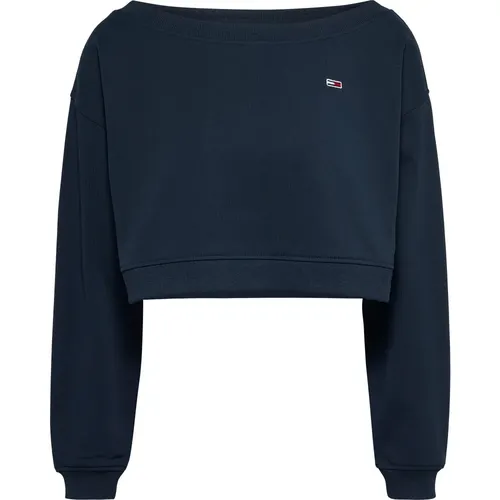 Blauer Crop Pullover Bootsausschnitt Ballonärmel , Damen, Größe: XS - Tommy Jeans - Modalova