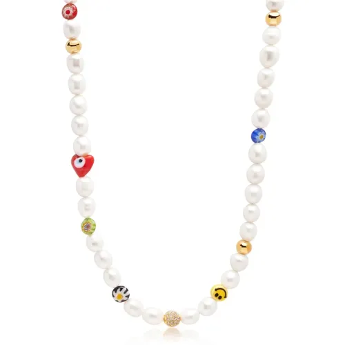 Men& Smiley Face Pearl Choker with Assorted Beads , male, Sizes: ONE SIZE - Nialaya - Modalova