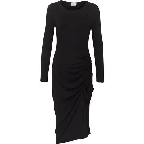 Schwarzes Tiefes Jersey-Kleid mit Drapierten Details , Damen, Größe: XS - Kaffe - Modalova