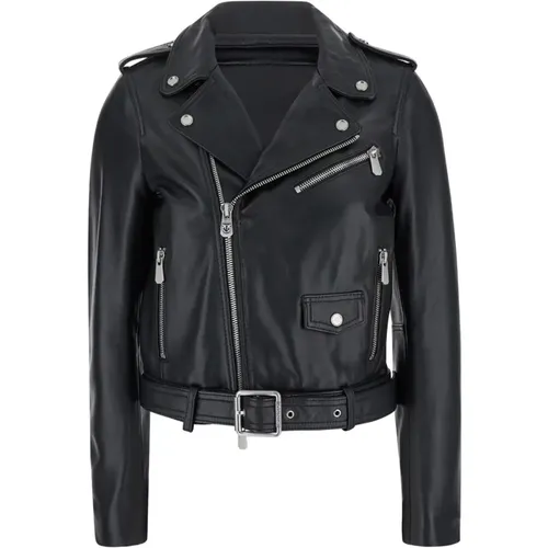 Costa Rica Biker Schwarzer Mantel,Schwarzer Schaffellmantel mit Silberdetails - pinko - Modalova