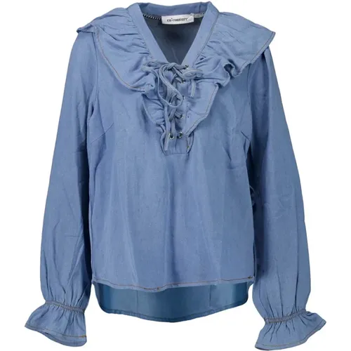 Denim Look Frill Tie Bluse Blau - Co'Couture - Modalova
