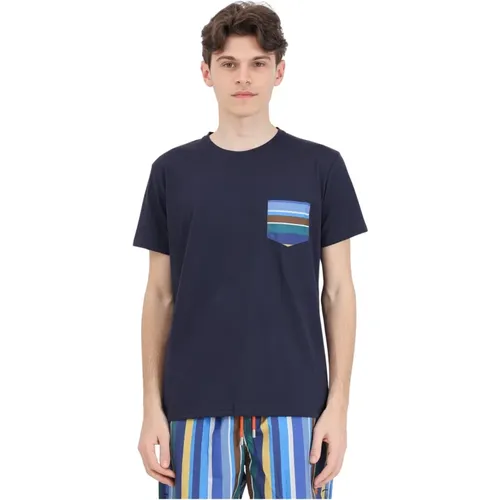 Blau kurzärmliges T-Shirt mit Multicolor-Streifen , Herren, Größe: 3XL - Gallo - Modalova
