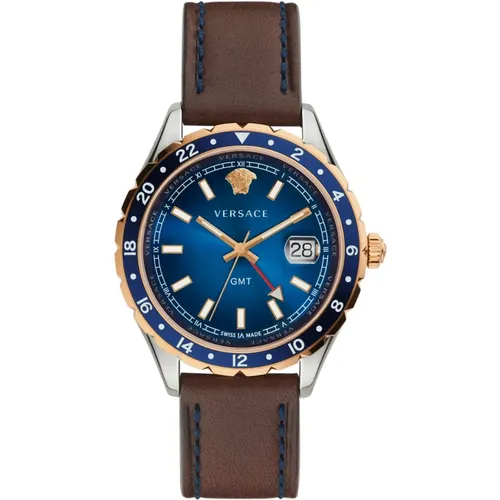 Hellenyium GMT Leather Watch , male, Sizes: ONE SIZE - Versace - Modalova
