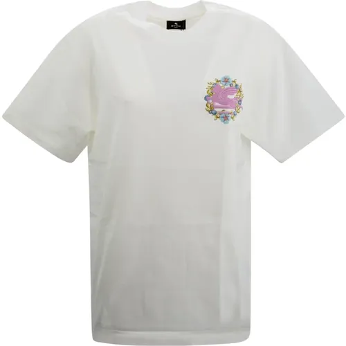 Blumiges Crewneck T-Shirt mit Pegaso-Stickerei - ETRO - Modalova