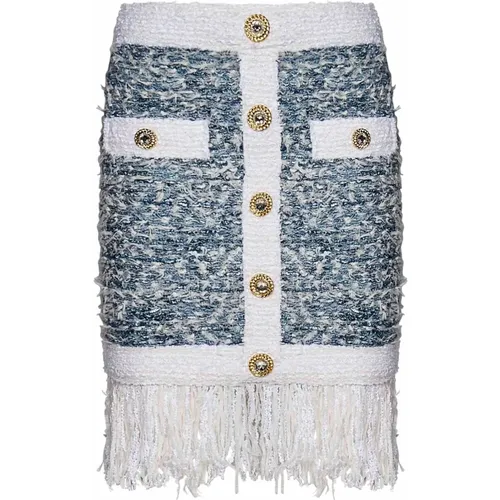 Denim Tweed Skirt with Fringes , female, Sizes: S - Balmain - Modalova
